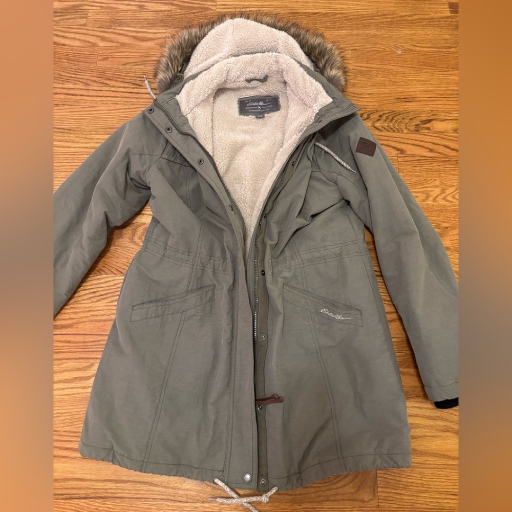 Eddie Bauer Sherpa Olive Green Utility Parka with Faux Fur Trim